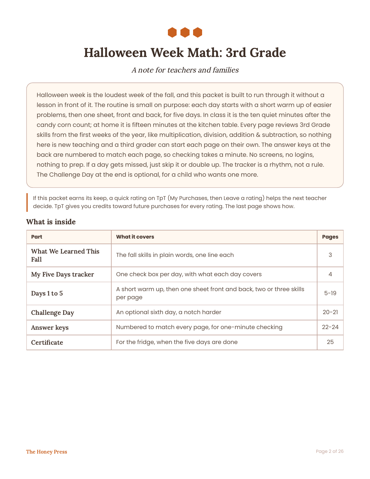 A note for teachers and families: how the five-day Halloween week math routine works, 3rd grade