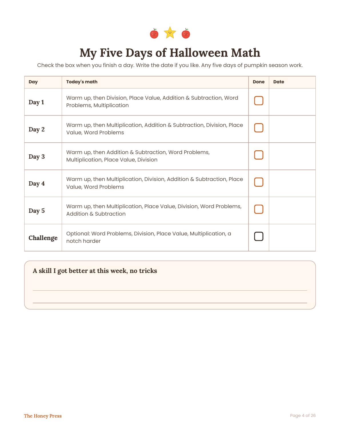 My Five Days of Halloween Math tracker page with one check box per day