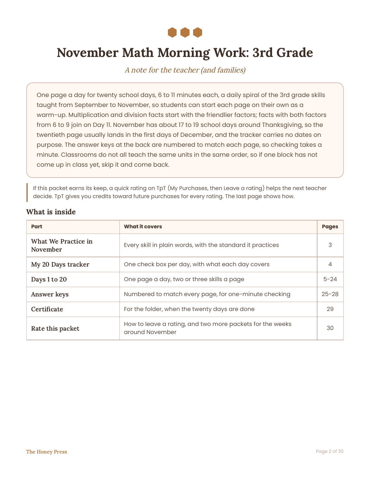 A note for the teacher and families: how the twenty-day November morning work routine runs, 3rd grade
