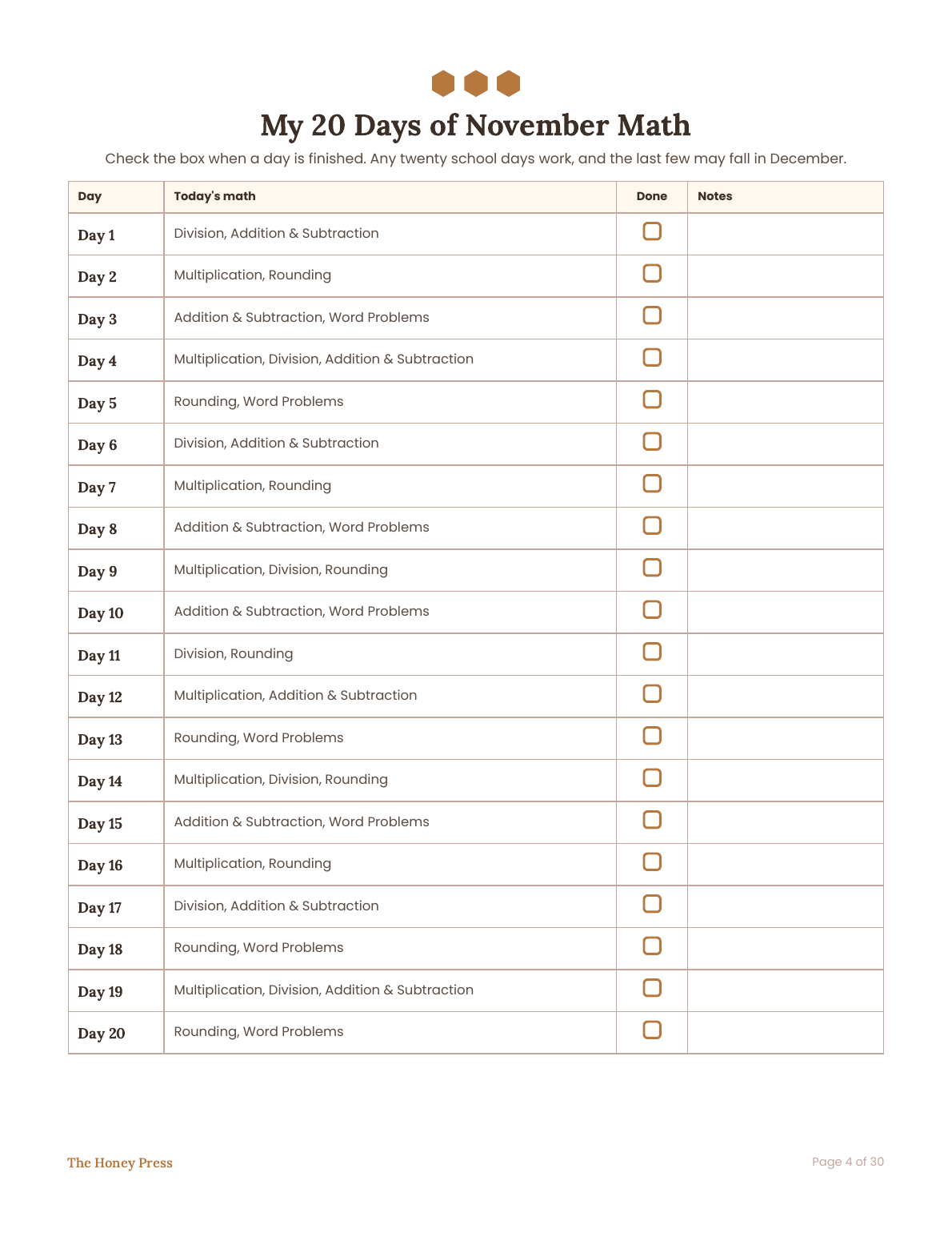 My 20 Days tracker page with one check box per day and the skills each day covers