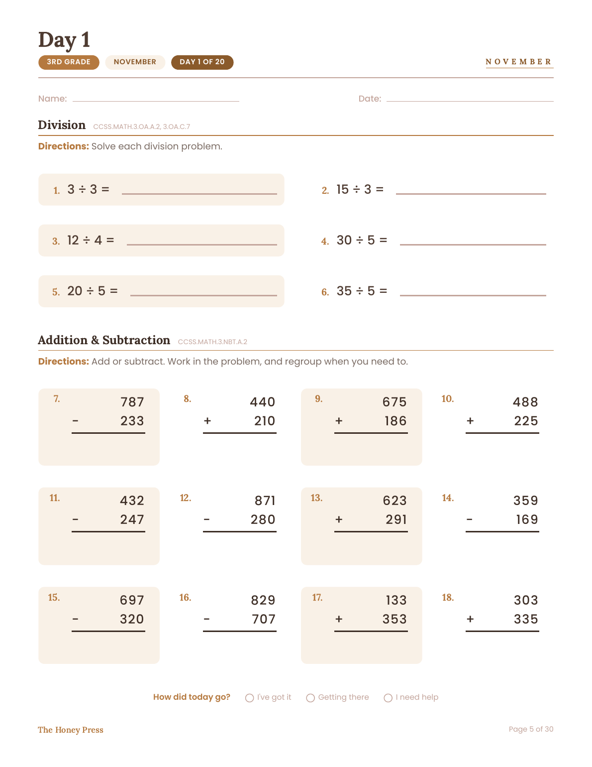 Day 1 page: division facts and three digit addition and subtraction, 3rd grade