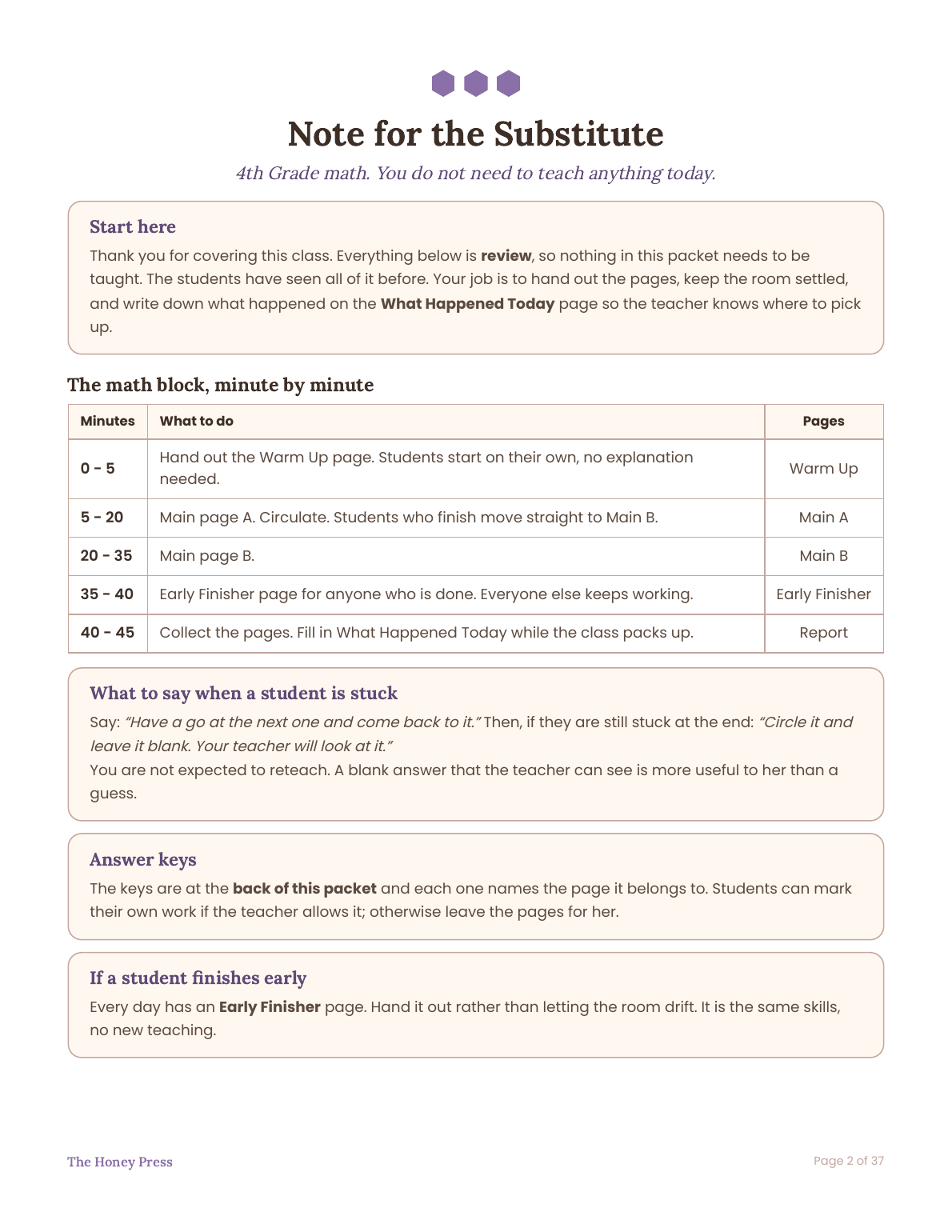 Note for the Substitute: the math block minute by minute, from the 4th grade math sub plans packet