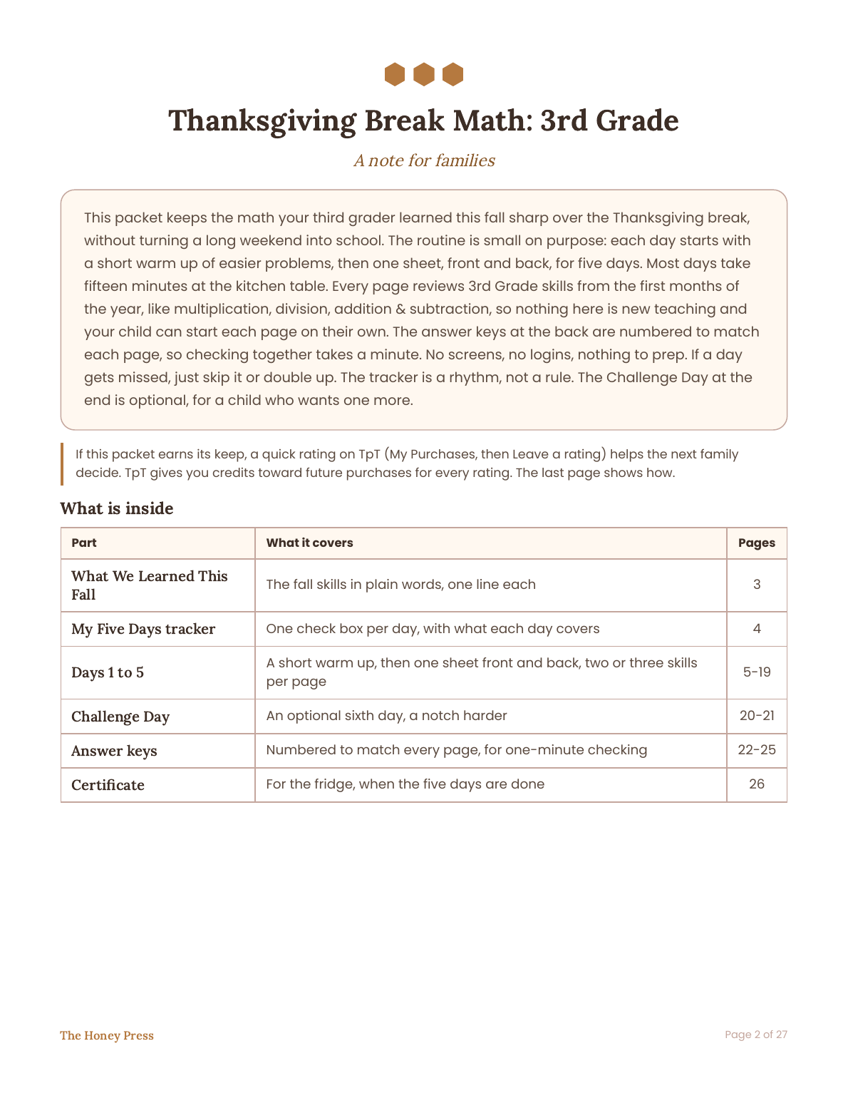 A note for families: how the five-day Thanksgiving break math routine works, 3rd grade