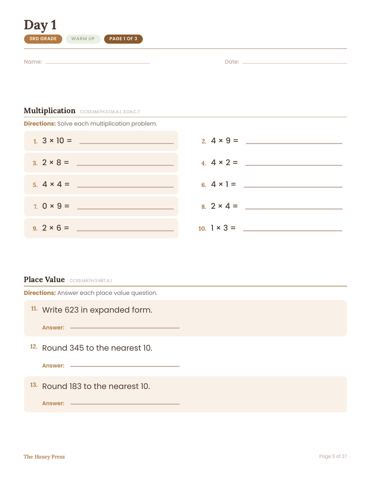 Day 1 warm up page, easier problems to start, 3rd grade Thanksgiving break math