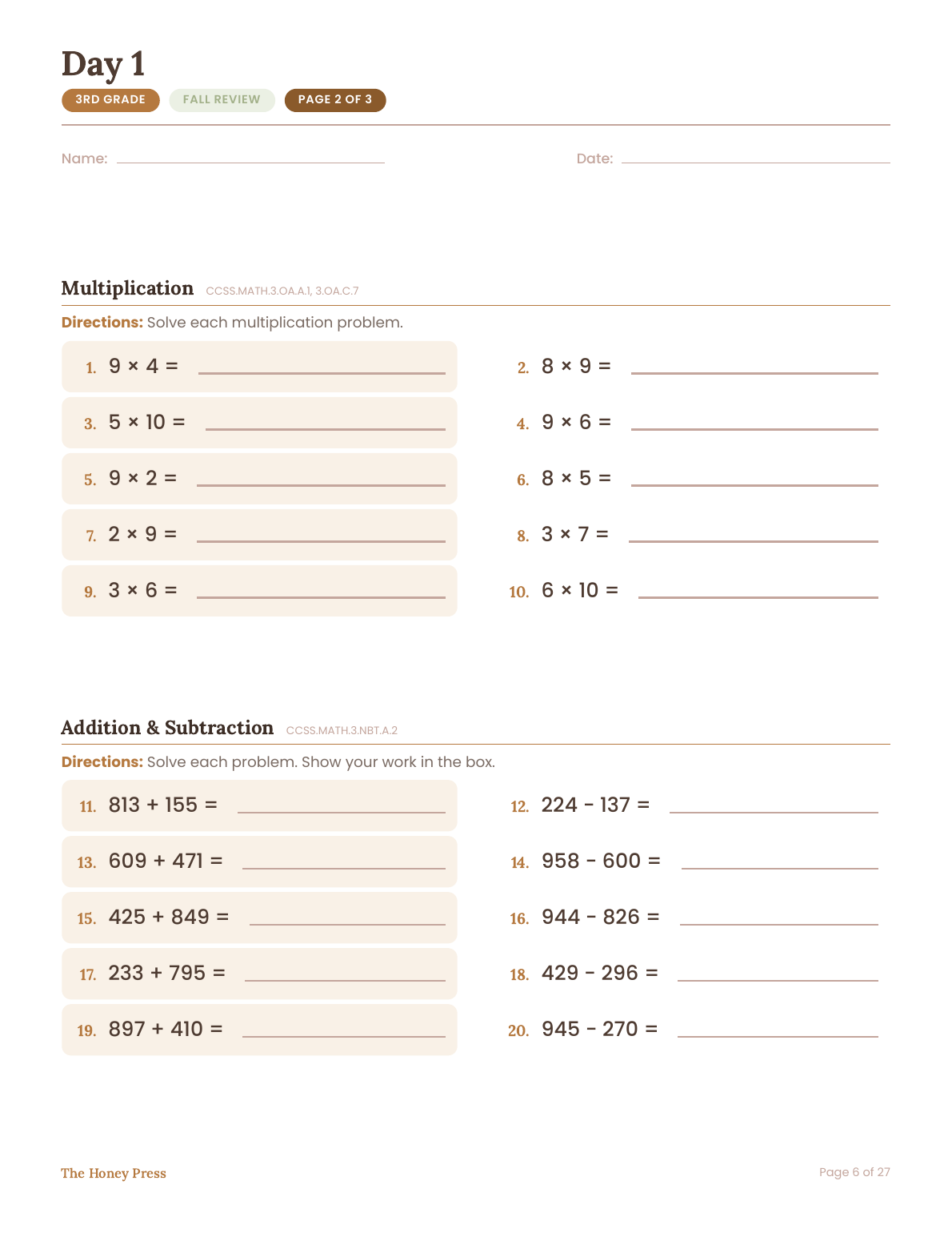Day 1 fall review worksheet, page 2 of 3, 3rd grade