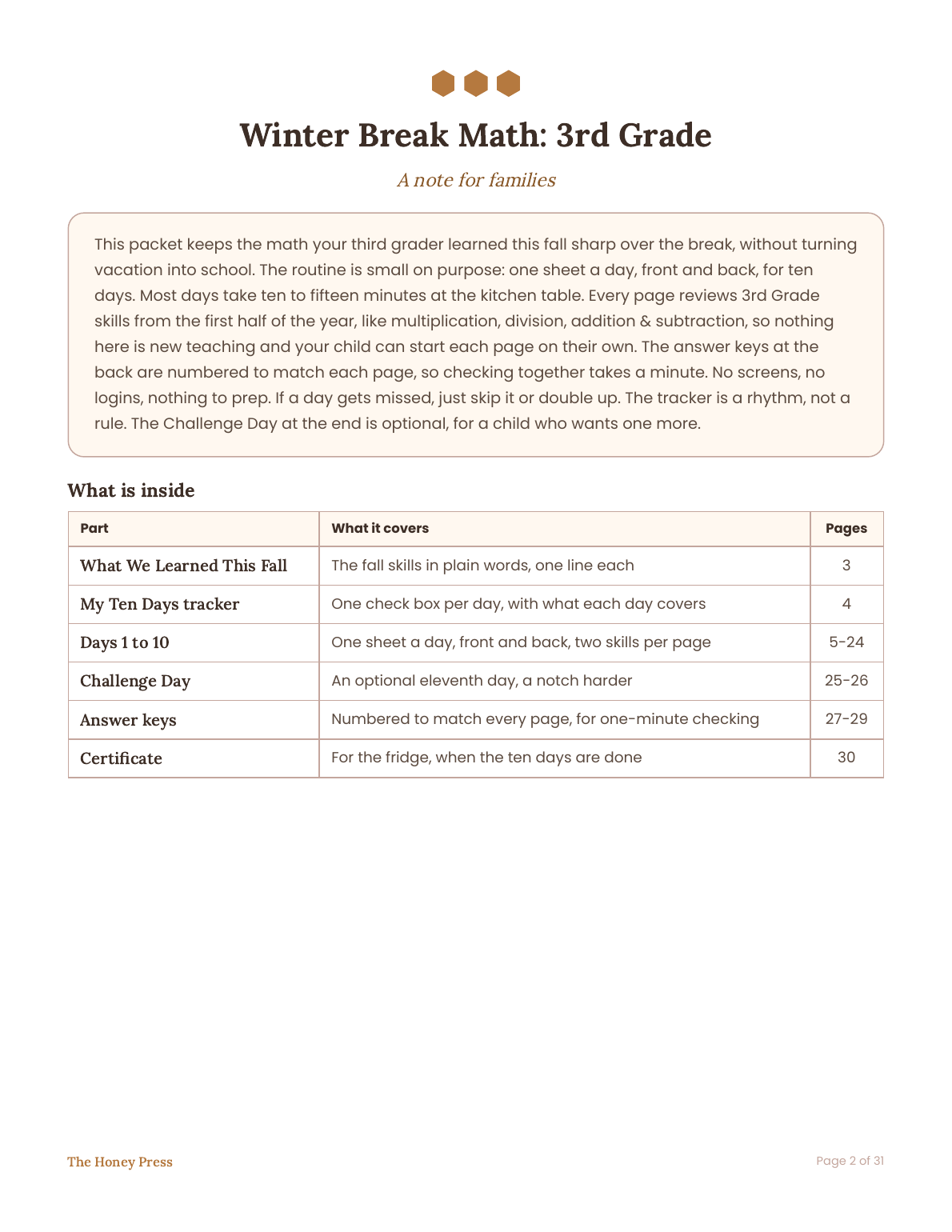 A note for families: how the ten-day winter break math routine works, 3rd grade
