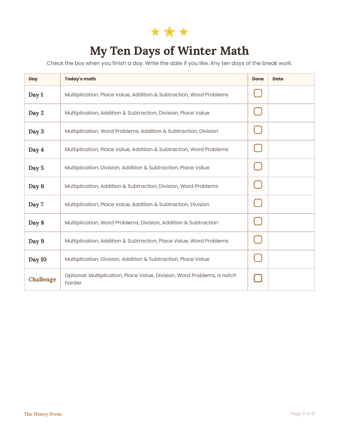 My Ten Days of Winter Math tracker page with one check box per day