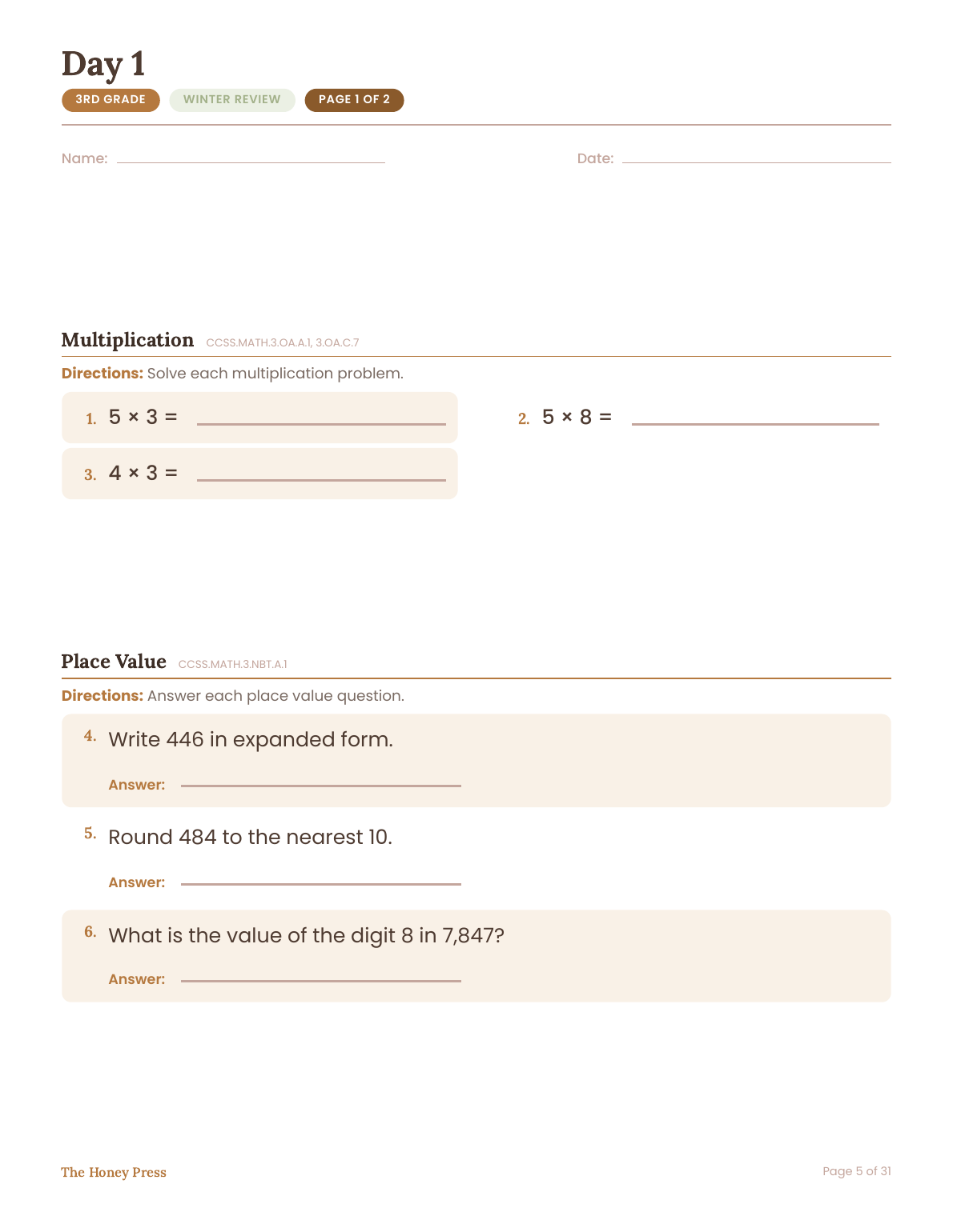 Day 1 winter review worksheet, page 1 of 2, 3rd grade