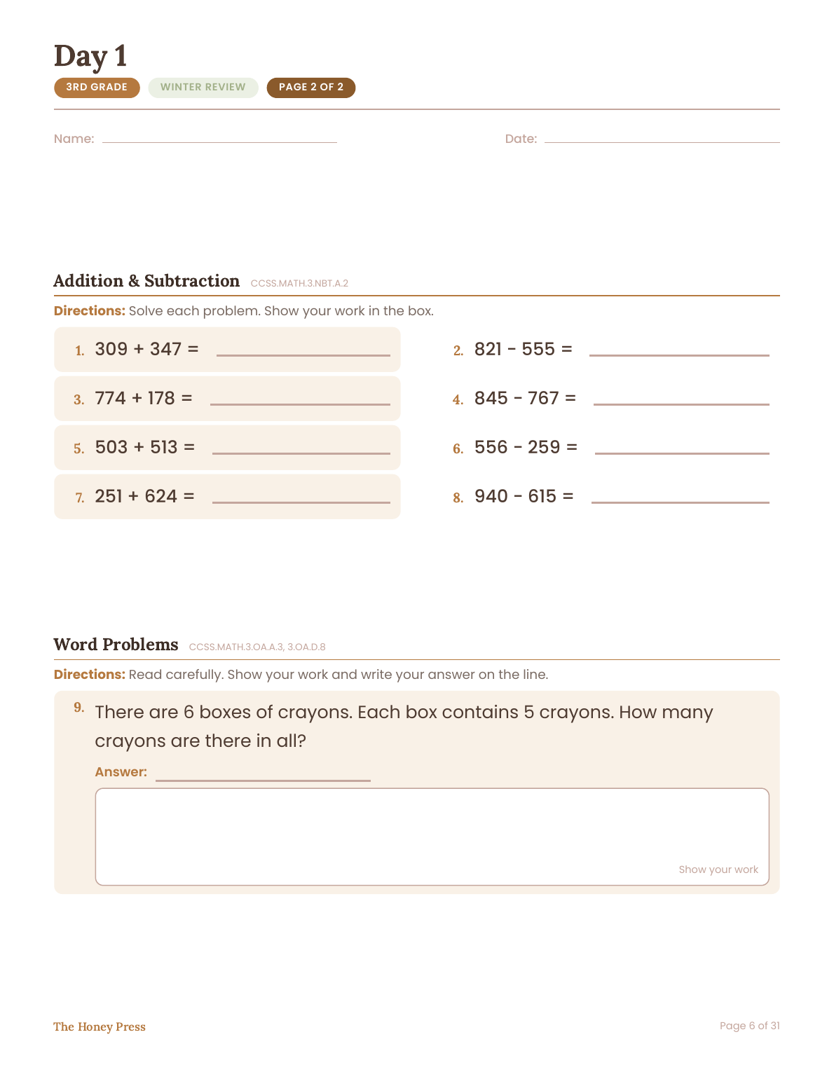 Day 1 winter review worksheet, page 2 of 2, 3rd grade