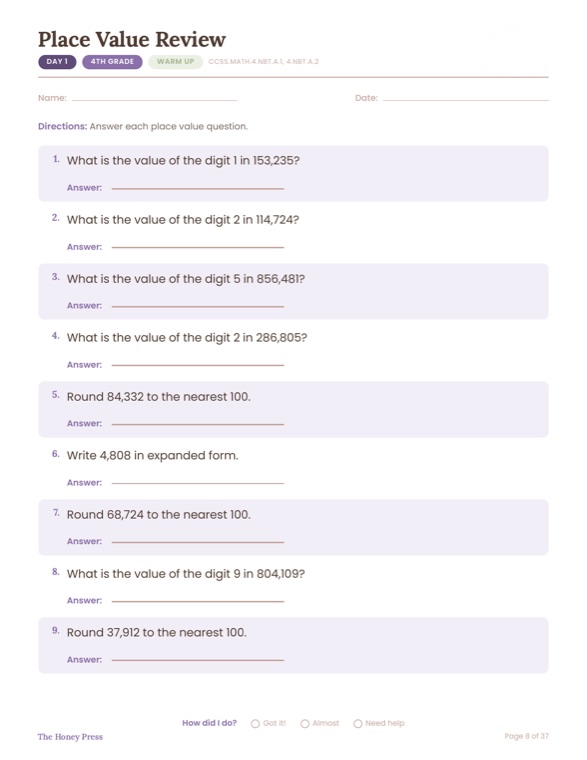 Day 1 Place Value Review page from the 4th grade math sub plans