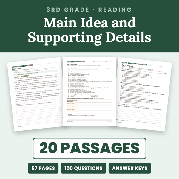 Cover of 3rd Grade Main Idea and Supporting Details Passages + Worksheets