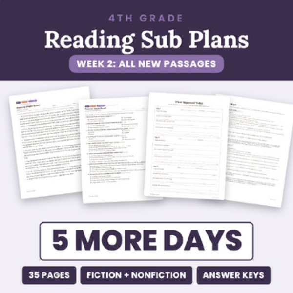 Cover of 4th Grade Reading Sub Plans Week 2