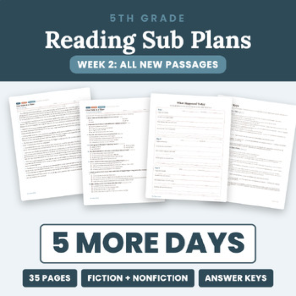 Cover of 5th Grade Reading Sub Plans Week 2