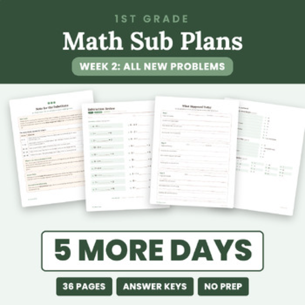 Cover of 1st Grade Math Sub Plans Week 2