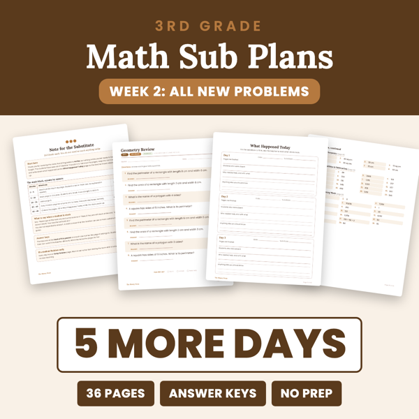 Cover of 3rd Grade Math Sub Plans Week 2
