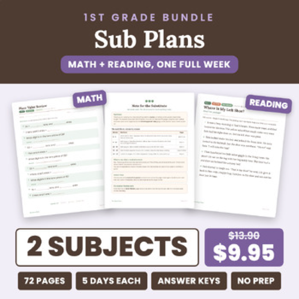 Cover of Emergency Sub Plans 1st Grade: 1 Week Math + Reading