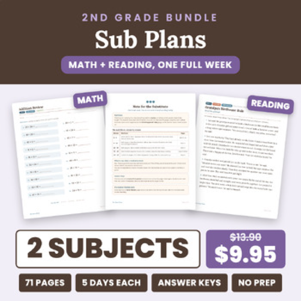 Cover of Emergency Sub Plans 2nd Grade: 1 Week Math + Reading