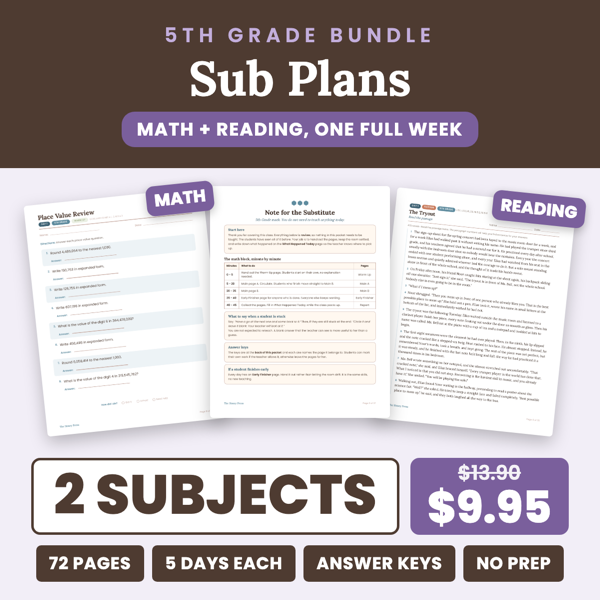 Cover of Emergency Sub Plans 5th Grade: 1 Week Math + Reading