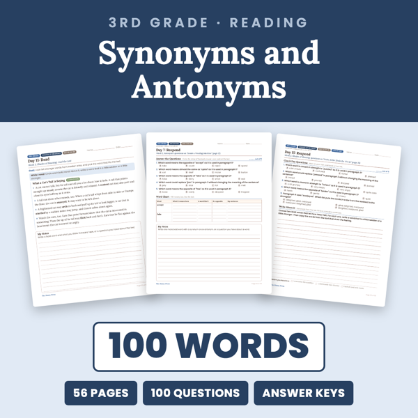 Cover of 3rd Grade Synonyms and Antonyms Passages + Worksheets