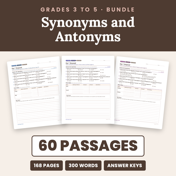 Cover of 3rd 4th 5th Grade Synonyms and Antonyms Passages Bundle