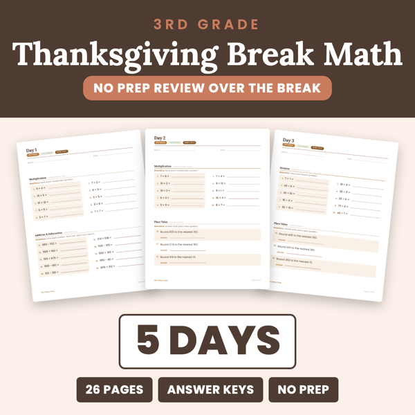 Cover of 3rd Grade Thanksgiving Break Math Packet